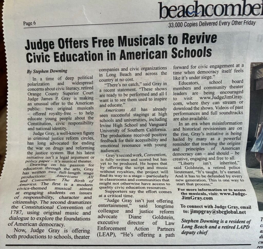Enclosed is an article about my two musicals that our 2 Paragraphs Family Member Steve Downing wrote for "The Beachcomber," which is published every other week in Long Beach.